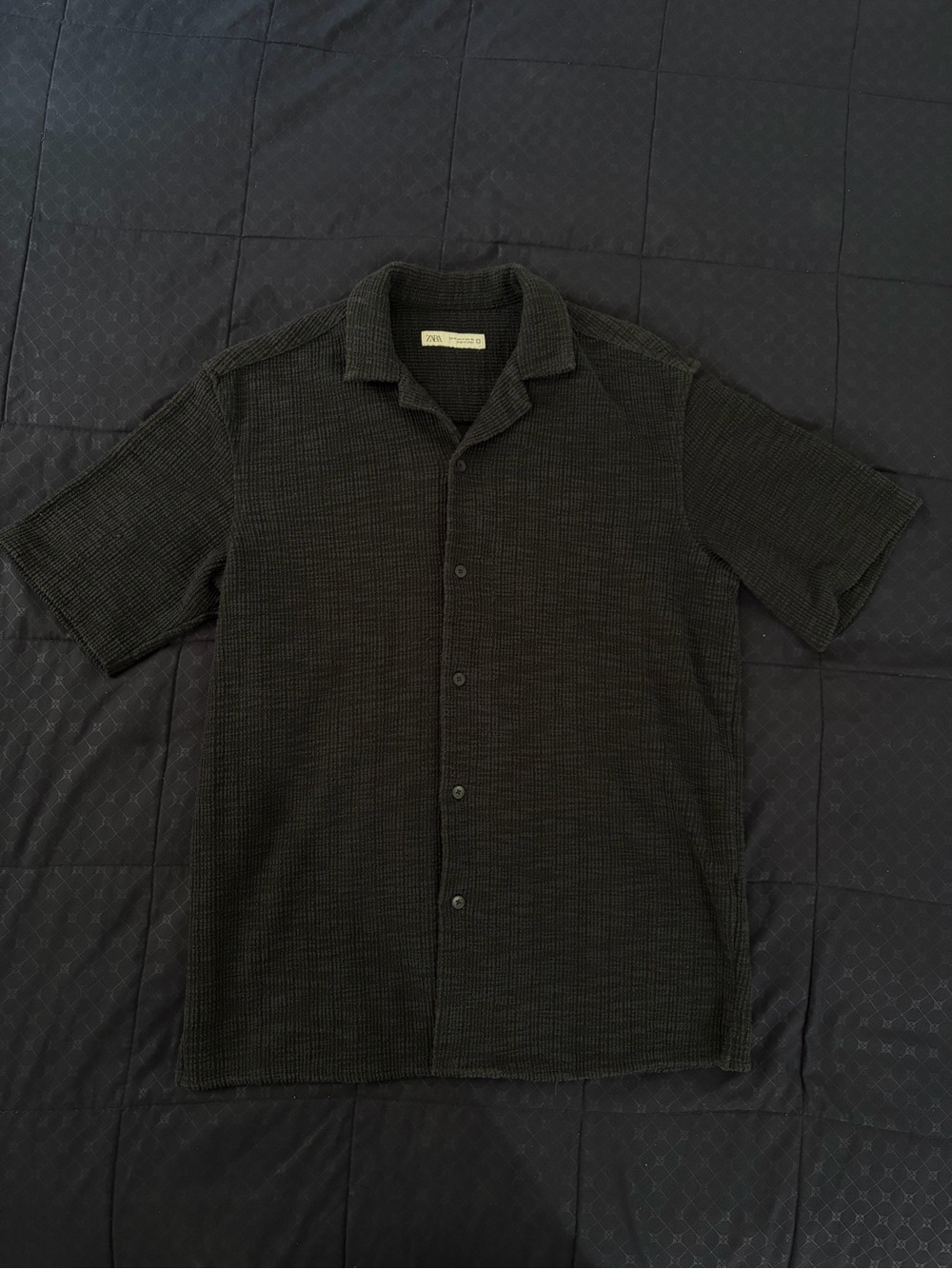 Navy Blue Textured Short-Sleeve Button-Up Shirt Zara